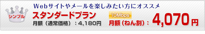 スタンダード
Webサイトやメールを楽しみたい方にオススメ
10Mbps 月額（ねん割）4,070円