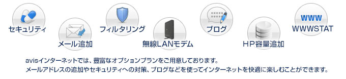 avisインターネットでは、豊富なオプションプランをご用意しております。
メールアドレスの追加やセキュリティへの対策、ブログなどを使ってインターネットを快適に楽しむことができます。
